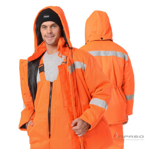 Костюм утеплённый «Дорожник» оранжевый сигнальный (куртка и полукомбинезон). Артикул: Сиг203. Цена от 3 410,00 р. в г. Санкт-Петербург